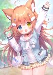  1girl animal_ears arms_up bag bangs blue_eyes blue_shirt blush borrowed_character character_request child copyright_request dress hair_ornament hanasakichu heterochromia highres long_hair long_sleeves looking_at_viewer open_mouth orange_hair ribbon shirt skirt sky solo thighs tree waving waving_arms white_shirt yellow_eyes yellow_skirt 