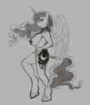  absurd_res anthro anthrofied big_breasts breasts cutie_mark equid equine eyelashes feathered_wings feathers female friendship_is_magic gothicgalaxies_(artist) greyscale hair hasbro hi_res horn long_hair long_tail looking_back mammal monochrome my_little_pony nipples princess_luna_(mlp) winged_unicorn wings 