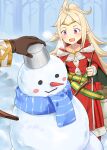  1girl absurdres alternate_costume blonde_hair blush_stickers christmas commission commissioner_upload fire_emblem fire_emblem_awakening fire_emblem_heroes highres igni_tion kiran_(fire_emblem) nowi_(fire_emblem) open_mouth pointy_ears pov purple_eyes smile snow snowman winter winter_clothes 