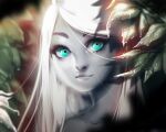  1girl aisling_(kells) artist_name blue_eyes blurry blurry_background colored_skin dew_drop grey_skin highres leaf long_hair looking_at_viewer outdoors ozumii solo the_secret_of_kells upper_body water_drop white_hair 