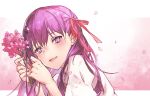  1girl :d absurdres bangs blush eyebrows_visible_through_hair fate/stay_night fate_(series) flower hair_between_eyes hair_ribbon highres holding holding_flower long_hair looking_at_viewer matou_sakura open_mouth petals pink_flower portrait purple_eyes purple_hair red_ribbon ribbon shigure_(shigure_43) shiny shiny_hair shirt smile solo tears white_shirt 