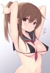  1girl :o armpits arms_up bangs between_breasts bikini black_bikini blush breasts brown_eyes brown_hair cleavage covered_nipples duplicate eyebrows_visible_through_hair gradient gradient_background grey_background highres inazuma_(kancolle) kantai_collection large_breasts long_hair micro_bikini navel neckerchief parted_lips pixel-perfect_duplicate ponytail red_neckerchief sweat swimsuit tying_hair upper_body watanon_(gakushokutei) 