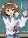  1girl :d bangs belt blue_sailor_collar blue_skirt brown_eyes brown_hair chalk chalkboard commentary_request dark_fuu eyebrows_visible_through_hair eyes_visible_through_hair h hair_ribbon hairband hands_up highres kita_high_school_uniform long_sleeves looking_at_viewer open_mouth red_ribbon ribbon sailor_collar school_uniform serafuku short_hair skirt smile solo suzumiya_haruhi suzumiya_haruhi_no_yuuutsu yellow_hairband yellow_ribbon 