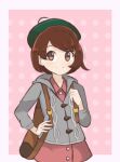  1girl artist_name backpack bag bob_cut brown_bag brown_eyes brown_hair cable_knit cardigan chocomiru dress gloria_(pokemon) green_headwear grey_cardigan hat pink_dress pink_skirt pokemon pokemon_(game) pokemon_swsh polka_dot polka_dot_background short_hair skirt solo upper_body 