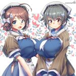  2girls apron bandana black_hair blue_sailor_collar blue_serafuku braid breasts brown_hair brown_shawl chougei_(kancolle) grey_eyes hair_flaps hair_ornament hair_rings hairclip highres jingei_(kancolle) kantai_collection large_breasts long_hair long_sleeves low_ponytail multiple_girls neckerchief red_eyes sailor_collar short_sleeves twin_braids umigarasu_(kitsune1963) waist_apron whale_hair_ornament white_apron white_bandana white_neckerchief 