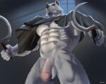  abs anthro assassin_wolf(puss_in_boots_2) balls cape clothing dkase foreskin genitals holding_object holding_weapon humanoid low-angle_view male melee_weapon muscular muscular_legs pecs penis polearm scythe sickle solo weapon white_body 