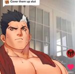  1boy bara black_hair closed_mouth cover_them_up_slut_(meme) darius_(league_of_legends) dialogue_box falloutbart green_eyes heart large_pectorals league_of_legends looking_at_viewer meme multicolored_hair muscular muscular_male pectoral_focus pectorals scar scar_across_eye scar_on_face short_hair sideburns solo sweat tiktok towel towel_around_neck twitter_username two-tone_hair upper_body white_hair 