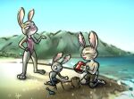  anthro anthro_on_anthro barefoot beach bottomwear clothed clothing disney ear_markings facial_markings feet female fur grey_body grey_fur group head_markings head_tuft jack_savage judy_hopps lagomorph leporid male male/female mammal markings one-piece_swimsuit rabbit sand sayochi3 sea seaside shorts sky stripes sunset swimming_trunks swimwear toes topless topwear tuft water zootopia 