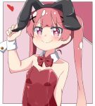  &gt;:) 1girl animal_ears bare_shoulders black_hairband blush bow bowtie closed_mouth collar commentary_request detached_collar fake_animal_ears hairband hand_up heart highres kapuru_0410 leotard long_hair pink_background pink_hair playboy_bunny purple_eyes rabbit_ears red_bow red_bowtie red_leotard smile solo strapless strapless_leotard tanemura_koyori twintails upper_body v-shaped_eyebrows very_long_hair watashi_ni_tenshi_ga_maiorita! white_collar wing_collar wrist_cuffs 