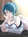  1girl aizawa_kazuha aqua_eyes assault_lily bangs bare_shoulders bed blanket blue_camisole blue_hair blue_pajamas bow bow_hairband breasts camisole cleavage closed_mouth collarbone commentary_request commission curtains eyebrows_visible_through_hair frilled_camisole frilled_sleeves frills hair_bow hairband hand_up head_rest highres indoors lace-trimmed_camisole lace_trim long_sleeves looking_at_viewer lying medium_breasts off_shoulder official_alternate_costume on_bed on_stomach pajamas short_hair_with_long_locks skeb_commission smile solo swept_bangs under_covers urutsu_sahari white_bow white_hairband wide_sleeves 