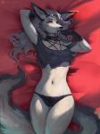  2022 anthro bed black_clothing black_nose black_panties black_underwear breasts canid canine choker clothed clothing devergilia digital_media_(artwork) female fur furniture helluva_boss hi_res jewelry loona_(helluva_boss) lying lying_on_bed mammal navel necklace on_bed one_eye_closed panties patreon patreon_logo red_eyes simple_background solo text underwear url white_body white_fur 