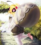  ? antennae_(anatomy) anthro armwear arthropod arthropod_abdomen bee big_butt blossom_(thousandfoldfeathers) butt clothing english_text female flower gown hi_res high_heels hymenopteran insect legwear looking_at_viewer looking_back multicolored_body open_mouth pink_eyes plant solo text thigh_highs thousandfoldfeathers translucent translucent_wings two_tone_body wings 