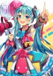  1girl 39 :d arm_up armpits aryuma772 bag balloon black_sleeves blue_bow blue_bowtie blue_eyes blue_hair bow bowtie detached_sleeves eyebrows_visible_through_hair frilled_skirt frills grey_sailor_collar hair_between_eyes hatsune_miku highres holding index_finger_raised layered_skirt long_hair long_sleeves magical_mirai_(vocaloid) megaphone outstretched_arm pink_bow sailor_collar shiny shiny_hair skirt smile solo standing twintails very_long_hair vocaloid white_bow yellow_bow 
