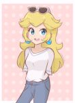  1girl bangs blonde_hair blue_pants border casual chocomiru denim earrings eyewear_on_head eyewear_removed jeans jewelry long_hair looking_at_viewer mario_(series) open_mouth pants polka_dot polka_dot_background princess_peach shirt smile solo sunglasses super_mario_odyssey t-shirt upper_body white_border white_shirt 