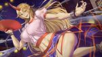  :d alcohol bangs blonde_hair breasts chain collarbone commentary_request cowboy_shot crop_top cuffs cup english_commentary fingernails glint hand_up holding horns hoshiguma_yuugi huge_breasts kirin_ouji leg_up long_hair midriff mixed-language_commentary navel night night_sky open_hand open_mouth outdoors outstretched_arm pink_shirt pointy_ears puffy_short_sleeves puffy_sleeves red_nails sakazuki sake shackles shirt short_sleeves single_horn sky smile standing standing_on_one_leg thick_thighs thighs touhou v-shaped_eyebrows yellow_eyes 
