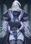  1girl alternate_breast_size armpits arms_behind_head ass_visible_through_thighs black_leotard blue_eyes blue_hair blue_skin breasts closed_mouth colored_skin covered_navel cracked_skin doll_joints elden_ring extra_arms fur_cloak grey_legwear hat heart heart_hands highres joints large_breasts leotard medium_hair one_eye_closed ranni_the_witch solo thighhighs torahime_(roland00) white_headwear witch witch_hat 