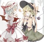  2girls ascot bat_wings black_headwear blouse blue_hair buttons collared_blouse diamond_button dress eyeball frilled_shirt_collar frilled_sleeves frills green_eyes green_hair green_skirt hat hat_ribbon heart heart_of_string komeiji_koishi long_sleeves mob_cap multiple_girls open_mouth pink_dress puffy_short_sleeves puffy_sleeves remilia_scarlet ribbon shirt short_hair short_sleeves skirt sorani_(kaeru0768) tea third_eye touhou wavy_hair wide_sleeves wings yellow_blouse yellow_ribbon 