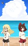  2girls 3girls absurdres alternate_costume bangs beach black-framed_eyewear black_hair black_shorts blonde_hair blush bow braid brown_hair closed_mouth cloud commentary_request cookie_(touhou) day expressionless feet_out_of_frame flying gram_9 hair_bow hair_tubes hakurei_reimu highres horizon kirisame_marisa long_hair looking_at_viewer medium_hair multiple_girls nadeko_(cookie) ocean outdoors pink_bow red_bow red_eyes red_shorts reiuji_utsuho reu_(cookie) sand shirt shorts side_braid single_braid smile touhou uzuki_(cookie) water white_shirt wings yellow_eyes 