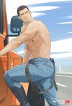  abs absurdres artist_name bara biceps boots brown_hair day denim facial_hair grey_eyes ground_vehicle highres jeans katto8452 logo male_focus manly motor_vehicle muscular muscular_male nipples original pants pectorals road sky solo stubble thick_eyebrows tight topless topless_male truck 