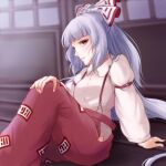  1girl baggy_pants bangs bow buttons collared_shirt fujiwara_no_mokou hair_bow hime_cut lips long_hair long_sleeves ofuda ofuda_on_clothes pants red_eyes red_pants riria_(liry_a_flower) shirt sidelocks sleeve_garter smile solo suspenders touhou very_long_hair white_bow white_hair white_shirt 