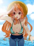  1girl :o arm_up bikini bikini_top_only blue_sky breasts cleavage collarbone cowboy_shot day denim earrings hat imoko_(imoko_illust) jeans jewelry leaning_forward long_hair looking_at_viewer medium_breasts nami_(one_piece) navel ocean one_piece open_mouth orange_hair outdoors pants red_eyes sky solo stomach straw_hat swimsuit twitter_username very_long_hair water 