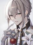  1boy absurdres airgetlam_(fate) bambi-25 bauble bedivere_(fate) blush braid christmas_ornaments commentary_request fate/grand_order fate_(series) flower gauntlets green_eyes highres knights_of_the_round_table_(fate) long_hair male_focus open_mouth ponytail smile 
