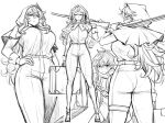  1boy 1girl ass blush braid breasts capelet greyscale grimm_(red_hood) gun hand_on_hip height_difference hood hooded_capelet large_breasts long_hair monochrome peach_(momozen) red_hood_(kawaguchi) rifle side_braid sketch suitcase sweatdrop weapon 
