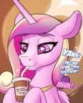  &lt;3 &lt;3_eyes absurd_res bodily_fluids cocaine_(artist) coffee_cup container cum cup dialogue equid equine female feral friendship_is_magic genital_fluids hi_res horn infidelity mammal my_little_pony offscreen_character princess_cadance_(mlp) shining_armor_(mlp) slurp solo winged_unicorn wings 