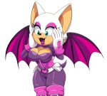  &lt;3 &lt;3_eyes 2020 anthro bat_wings belt bodysuit breasts chiropteran cleavage clothed clothing eyeshadow fangs female fur green_eyes hi_res lipstick makeup mammal membrane_(anatomy) membranous_wings open_mouth rouge_the_bat scittykitty sega simple_background skinsuit solo sonic_the_hedgehog_(series) tan_body tan_skin tight_clothing tongue white_background white_body white_fur wings 