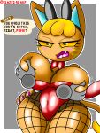  animal_crossing annoyed anthro big_breasts blazedscarf breast_squish breasts bunny_costume clothing costume disembodied_hand domestic_cat duo english_text fake_ears felid feline felis female fishnet fishnet_legwear groping_breasts hi_res huge_breasts katt_(animal_crossing) legwear mammal nintendo speech_bubble squish text video_games 