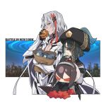  1boy 1girl absurdres armor background_text bangs black_gloves black_hair body_armor breasts burger cape chinese_clothes cleavage_cutout clothing_cutout commentary doll dumpling eating fate/grand_order fate_(series) feet_out_of_frame food gloves hair_between_eyes hair_ornament hair_over_one_eye hair_stick hat highres holding holding_doll holding_food long_hair long_sleeves looking_away medium_hair mole mole_under_eye multicolored_hair new_york odysseus_(fate) official_alternate_costume pectorals red_hair small_breasts straight_hair streaked_hair tia_(cocorosso) two-tone_hair white_hair xu_fu_(fate) yellow_eyes yu_mei-ren_(fate) 