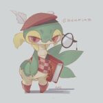  1:1 ambiguous_gender azre biped book clothing eyewear feral glasses green_body hat headgear headwear leaf_tail low_res nintendo pok&eacute;mon pok&eacute;mon_(species) red_eyes signature simple_background snivy solo video_games white_background white_body 