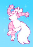  ambiguous_gender anthro armband big_butt blue_background blush butt canid canine canis cat-boots clothing feet floating fluffy fluffy_tail fur halftone hi_res leggings legwear looking_away mammal monochrome pawpads pink_theme rear_view simple_background solo white_body white_fur wolf 