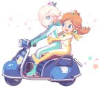  2girls aqua_scarf blonde_hair blue_eyes boots brown_hair crown driving earrings elbow_gloves flower_earrings gloves ground_vehicle hair_over_one_eye hoshikuzu_pan hug hug_from_behind jewelry knee_boots mario_(series) mario_kart motor_vehicle motorcycle multiple_girls orange_scarf princess_daisy racing_suit rosalina scarf scooter star_(symbol) star_earrings 