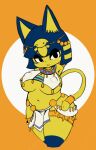  animal_crossing ankha_(animal_crossing) anthro big_breasts breasts clothing domestic_cat egyptian_clothing felid feline felis female frown hands_behind_head hi_res huge_breasts looking_at_viewer mammal nintendo nipple_outline orange_background simple_background solo under_boob video_games vono 