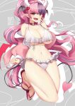  1girl absurdres bare_shoulders blush breasts erotanuki full_body hair_ornament highres horns huge_breasts ironmouse long_hair looking_at_viewer midriff navel open_mouth pink_eyes pink_hair sandals smile solo swimsuit tail underboob very_long_hair virtual_youtuber vshojo white_swimsuit 
