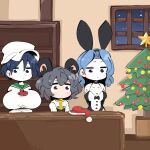  3girls animal_ears ascot bangs black_choker black_eyes black_hair black_leotard blank_stare blue_hair blush breasts capelet choker christmas_ornaments christmas_tree cleavage colored_skin commentary_request cookie_(touhou) counter dot_mouth fake_animal_ears flour_(cookie) gram_9 grey_hair hat huge_breasts indoors kumoi_ichirin large_breasts leotard long_sleeves looking_at_viewer milk_(cookie) mouse_ears mouse_girl multiple_girls murasa_minamitsu nazrin nyon_(cookie) parted_bangs playboy_bunny rabbit_ears red_ascot red_eyes santa_hat shirt short_hair standing star_(symbol) touhou tuxedo_leotard upper_body white_capelet white_headwear white_shirt white_skin wide-eyed 