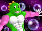  5_fingers abs anthro barazoku bubble bubble_bobble digital_media_(artwork) dinosaur fafnir_stardust_(artist) fanarts fingers green_body hi_res male muscular muscular_male pink_arms pose reptile scalie smile solo taito video_games 