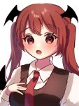  1girl \||/ alternate_hairstyle bangs bat_wings black_vest blush eyebrows_visible_through_hair fang head_wings koakuma long_hair looking_at_viewer necktie open_mouth red_eyes red_hair red_necktie shirt simple_background siomi_403 solo touhou twintails upper_body vest white_background white_shirt wing_collar wings 