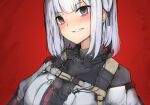  1girl bangs blush ekuesu eyebrows_visible_through_hair girls&#039;_frontline grin looking_at_viewer purple_eyes red_background rpk-16_(girls&#039;_frontline) short_hair silver_hair smile solo tactical_clothes 