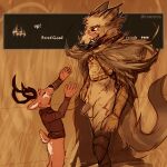  2022 anthro antlers armor balls blaidd_(elden_ring) bottomless bottomless_anthro bottomless_male breastplate brown_body brown_fur canid canine canis cervid cloak clothed clothing duo elden_ring facial_scar fangs flaccid fromsoftware fur gameplay_mechanics genitals grey_body grey_fur hi_res horn humanoid_genitalia humanoid_penis larger_anthro larger_male lawyerdog male mammal multicolored_body multicolored_fur panko_(lawyerdog) penis scar scars_all_over size_difference smaller_anthro smaller_male two_tone_body two_tone_fur video_games white_body white_fur wolf 