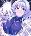  1girl angel angel_wings bangs blue_dress blue_eyes breasts closed_mouth commentary_request dress eirythedarkness eyebrows_visible_through_hair feathered_wings happy highres holding holding_staff juliet_sleeves large_breasts light_blue_hair long_hair long_sleeves looking_at_viewer multiple_wings puffy_sleeves sariel_(touhou) seraph shiny smile staff touhou touhou_(pc-98) turtleneck upper_body very_long_hair white_wings wide_sleeves wings 