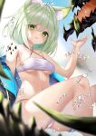  1girl animal_ear_fluff animal_ears arknights bandeau bangs bare_legs bare_shoulders bikini blue_sky breasts cat_ears commentary criss-cross_halter day ehart feet_out_of_frame green_eyes green_hair hair_between_eyes halterneck hand_up kal&#039;tsit_(arknights) looking_at_viewer medium_breasts mon3tr_(arknights) navel open_mouth oripathy_lesion_(arknights) short_hair sky solo stomach swimsuit thighs underboob water_drop white_bikini 