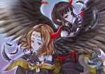  bare_shoulders black_feathers brown_hair capricious_darklord chomose circlet dress duel_monster falling_feathers feathered_wings feathers grey_skirt hand_up horns indulged_darklord long_hair medium_hair pointy_ears red_eyes single_horn skirt smile wings yu-gi-oh! 