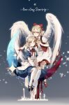  2girls angel_wings apron back_bow black_footwear blonde_hair blue_dress bobby_socks bow breasts commentary crescent_moon dress feathered_wings flying frilled_dress frills gengetsu_(touhou) hair_bow highres holding holding_sword holding_weapon maid maid_headdress mary_janes moon mugetsu_(touhou) multiple_girls pantyhose puffy_short_sleeves puffy_sleeves red_bow red_footwear red_ribbon ribbon shoes short_hair short_sleeves siblings sisters sitting small_breasts socks sword touhou touhou_(pc-98) weapon white_apron white_bow white_dress white_legwear white_wings wings yellow_eyes yorktown_cv-5 