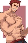  1boy abs bara clenched_hand commentary_request highres large_pectorals looking_at_viewer male_focus mature_male muscular muscular_male navel open_mouth original pectorals smile solo stomach topless topless_male yani_(yano_023) 