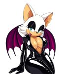  2020 anthro bat_wings bodysuit breasts chiropteran cleavage clothed clothing eyeshadow female fur hi_res lipstick makeup mammal membrane_(anatomy) membranous_wings rouge_the_bat scittykitty sega simple_background skinsuit solo sonic_the_hedgehog_(series) tan_body tan_skin tight_clothing white_background white_body white_fur wings 