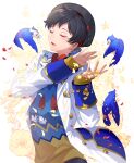  bird black_hair bluebird character_request closed_eyes copyright_request cowboy_shot flower hat highres long_sleeves open_mouth original short_hair solo straight-on symbol-only_commentary tenryou_sena 
