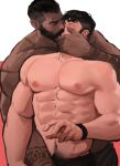  2boys abs bara beard dark-skinned_male dark_skin facial_hair highres jang_ju_hyeon kiss large_pectorals male_focus mature_male multiple_boys muscular muscular_male navel nipples original pectorals stomach topless topless_male 