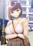  1girl bag blurry bra breasts brown_eyes depth_of_field eyebrows_visible_through_hair frilled_bra frills gentsuki hand_up handbag hands high-waist_skirt highres large_breasts light_smile looking_at_viewer non-web_source pink_eyes pov raised_eyebrows short_hair skirt smile solo underwear watch white_bra 